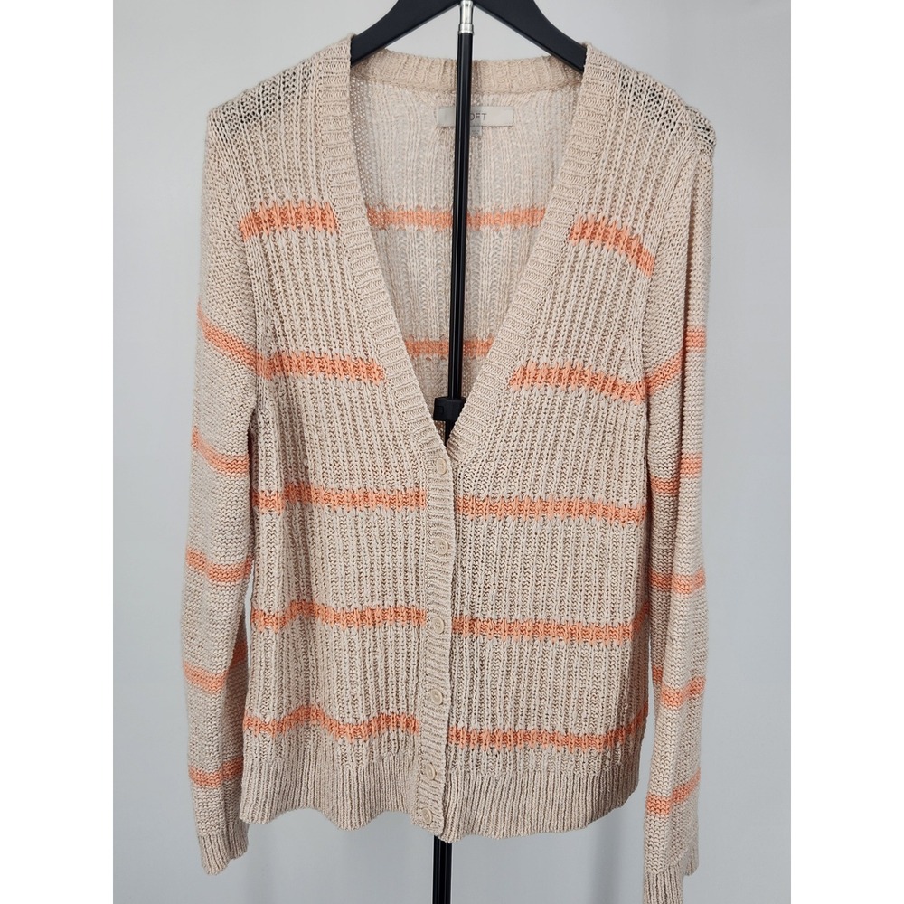 Loft Ann Taylor Striped Open Knit Cardigan Sweater Beige Orange XL